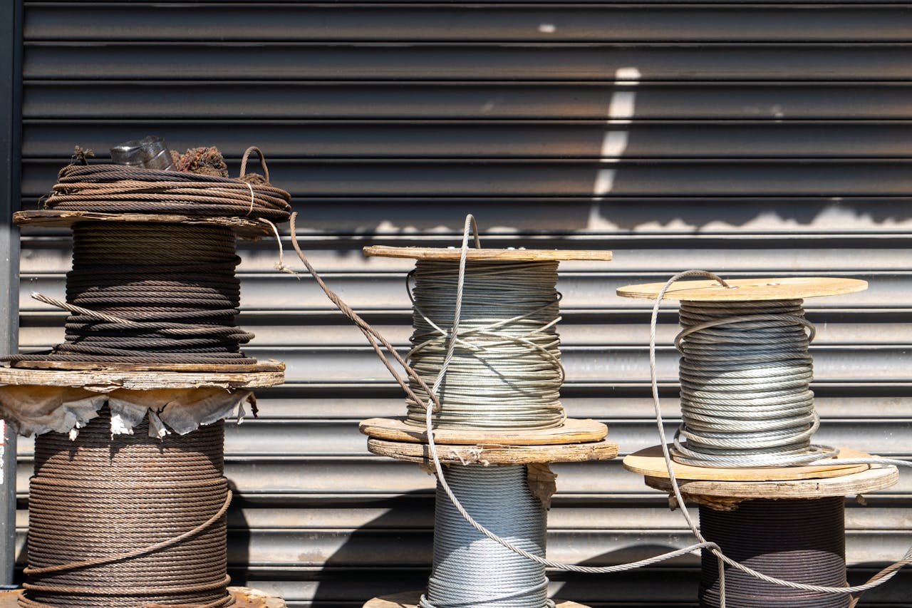 Multiple large spools of industrial cable placed outdoors in front of a closed shutter.